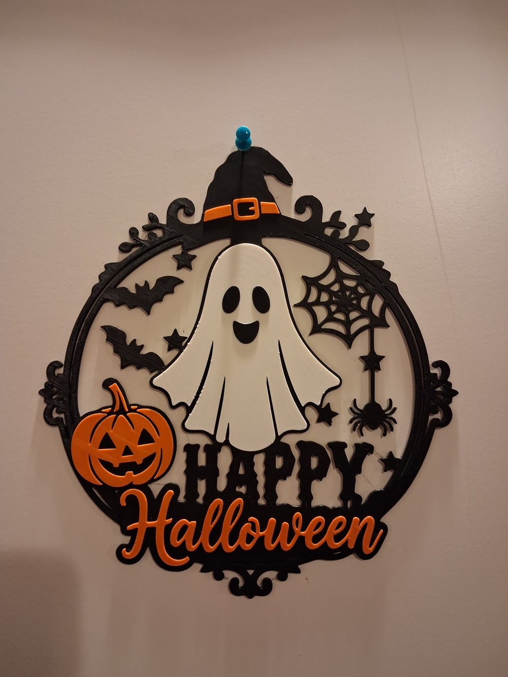 Happy Halloween Wall Decor Wreath- White Ghost & Orange Pumpkin
